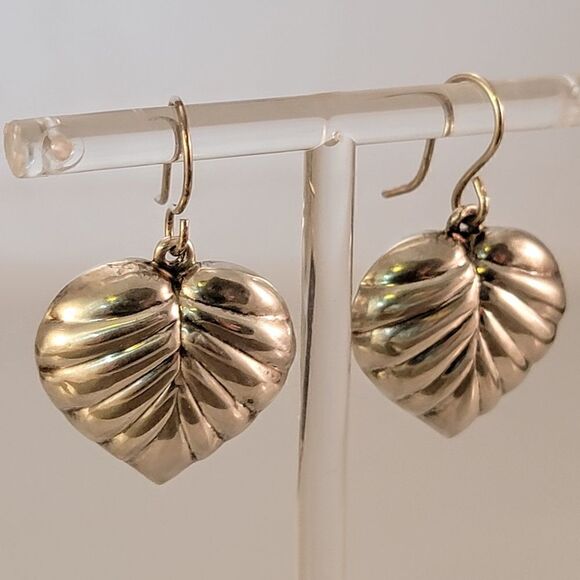 Vintage Sterling Puffy Leaf Heart Drop Earrings - Picture 3 of 6